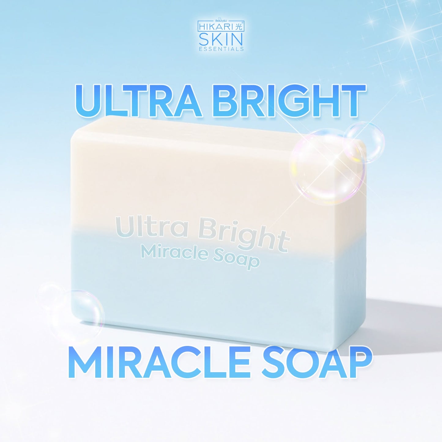 Hikari Skin Essentials Ultra Bright Miracle Soap 75g, showing five bars of brightening skincare soap in a natural setting.
