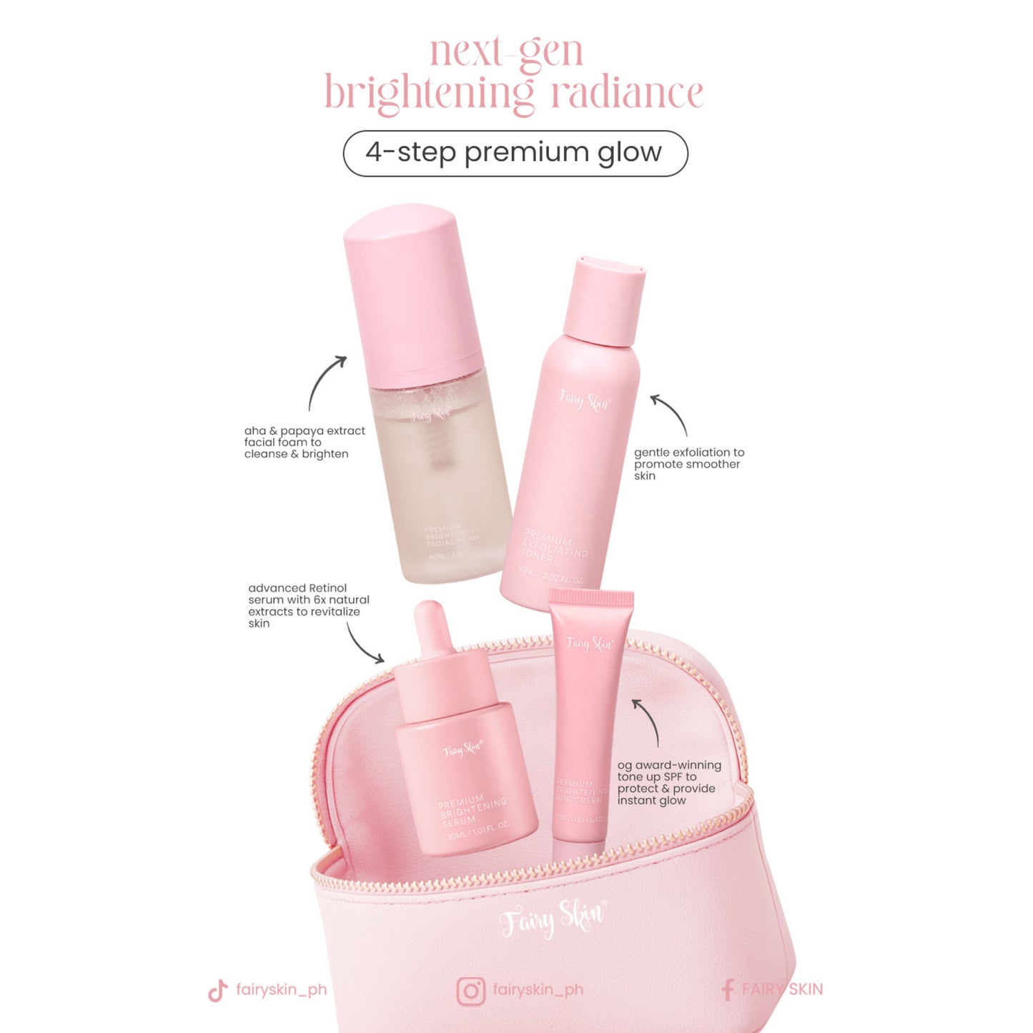 Fairy Skin Premium Brightening Kit with serums and creams for radiant, glowing skin in a sleek packaging display.