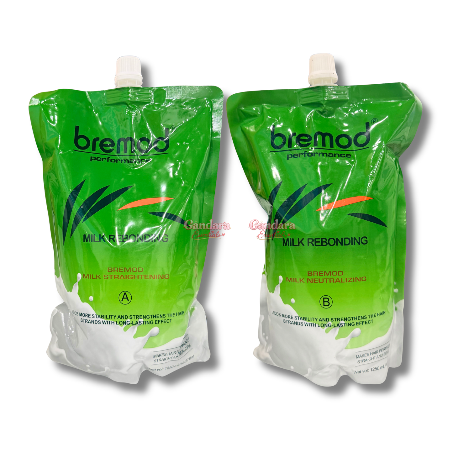 Bremod Milk Rebonding Hair Care Green Set A & B bottles, 1250mL, for smoothing and hair restructuring.