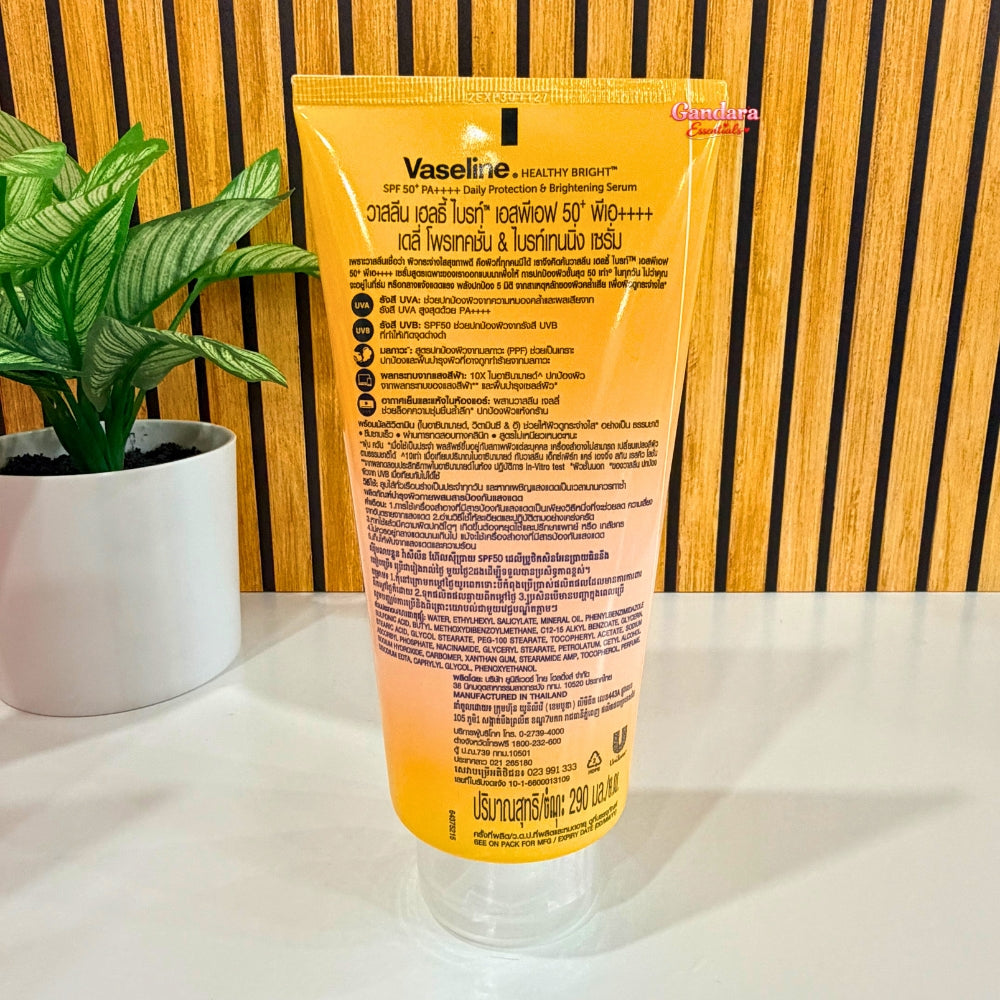 Vaseline Healthy Bright Daily Protection Body Serum SPF50+ PA++++ lotion with visible ingredients on label, 290mL bottle.