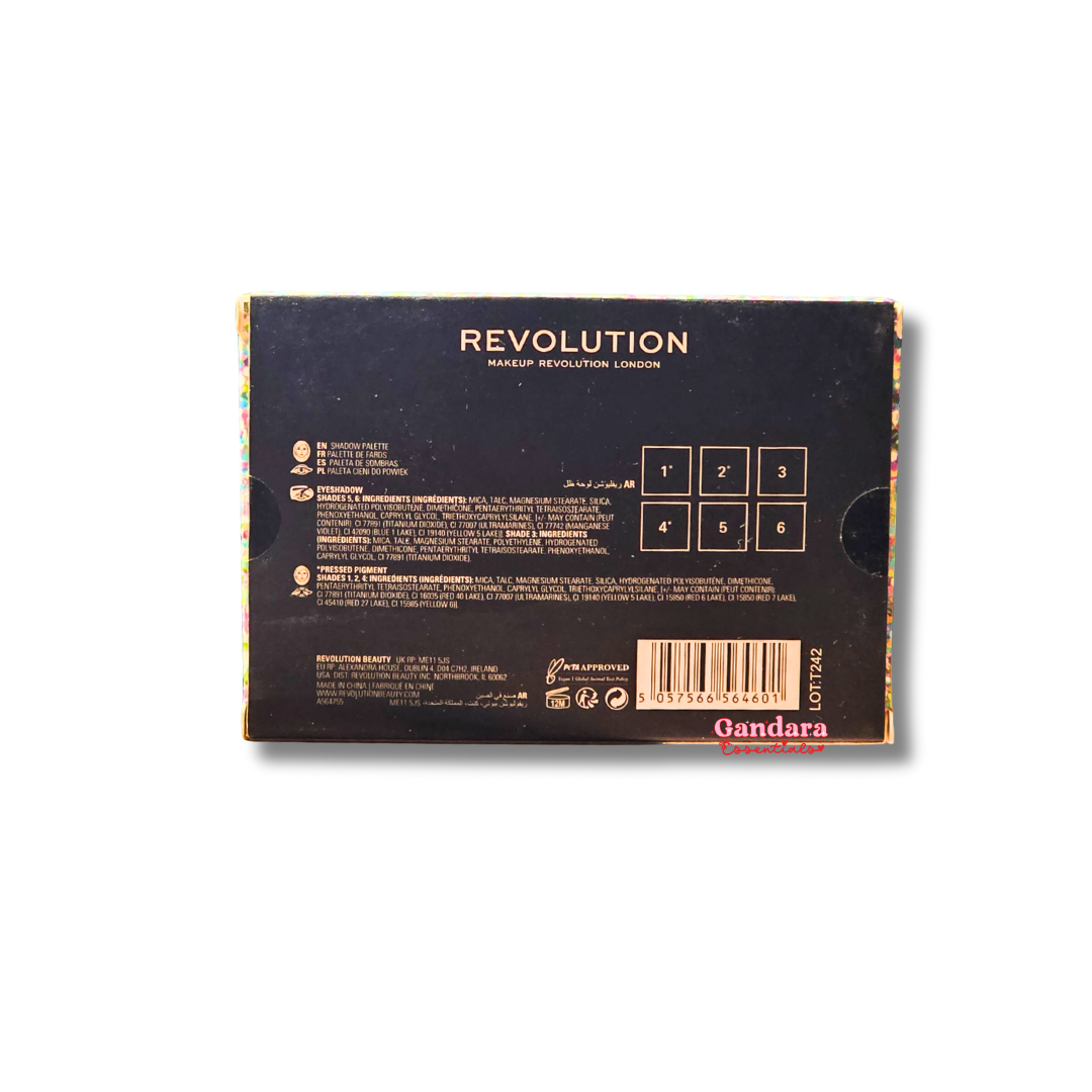 Revolution Boujee Af color shadow palette with six vibrant shades in sleek packaging displayed on a neutral background.