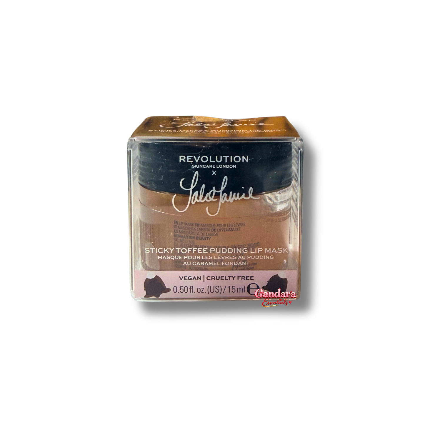 Revolution Sticky Toffee Pudding Lip Mask in 15mL jar, moisturizing lip care product with a creamy toffee pudding scent.