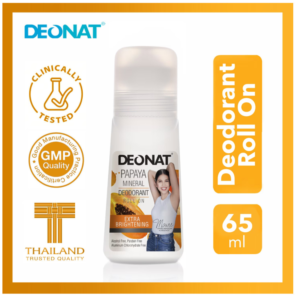 Deonat Papaya Mineral Deodorant Roll On 65mL with a sleek design and a fresh papaya scent.