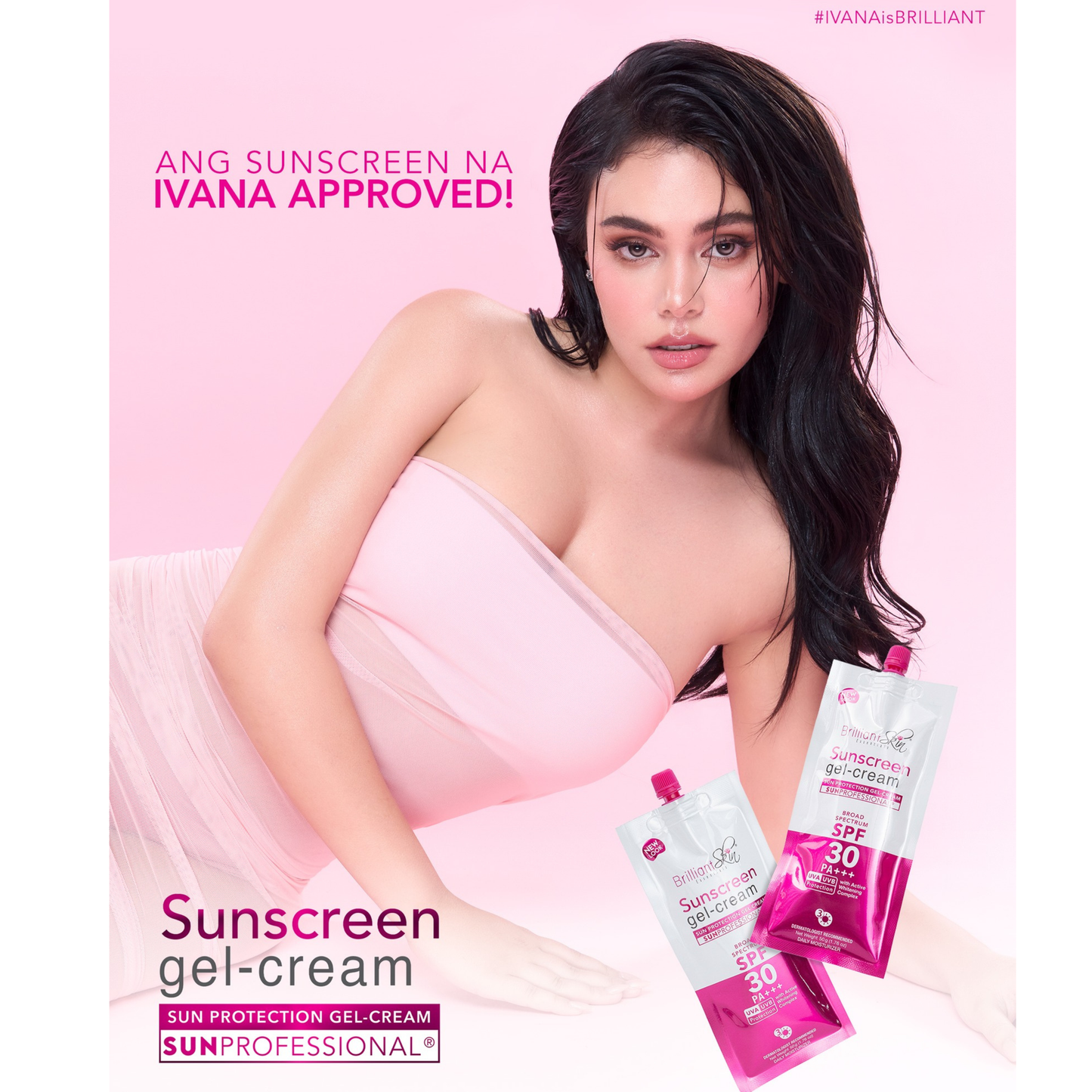 Brilliant Skin Essentials sunscreen gel cream in a 50g tube, featuring a smooth, lightweight texture for skin protection.