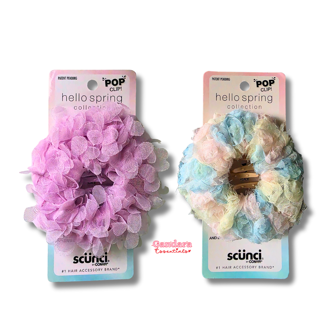 Scunci Hello Spring Collection claw clip and barrette in vibrant colors, ideal for holding hair stylishly.