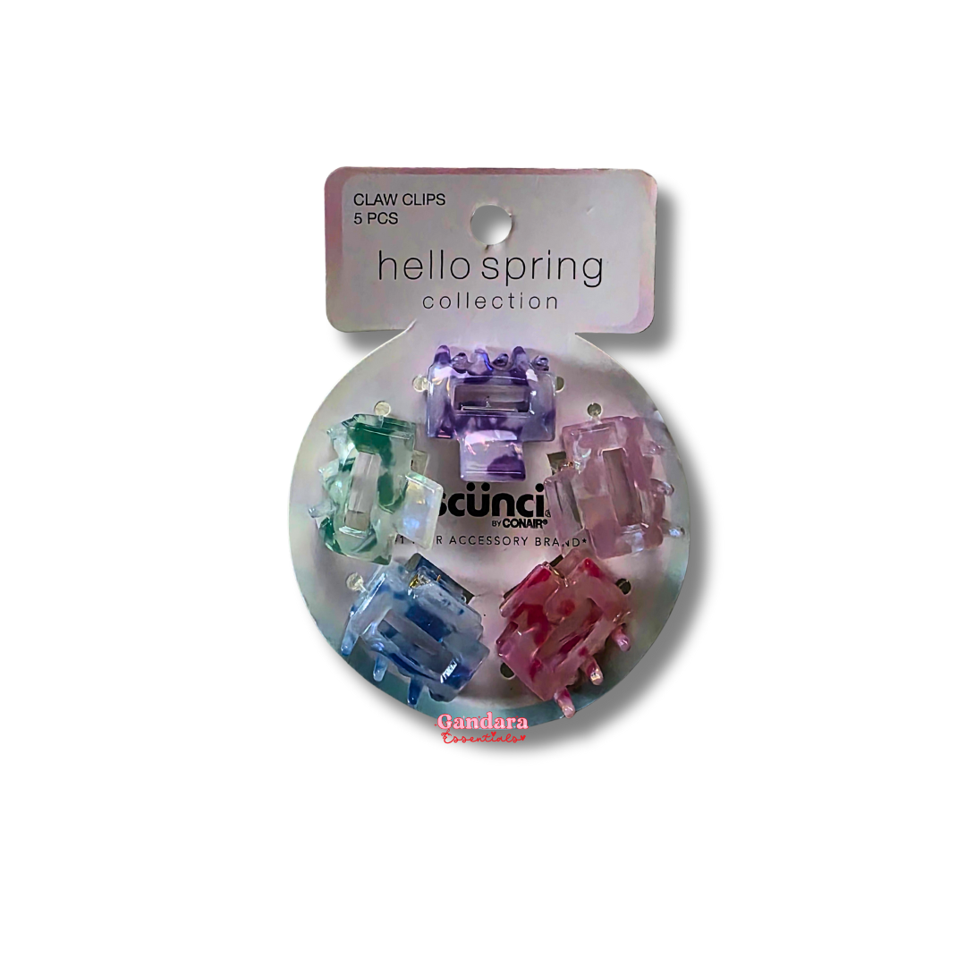 Scunci Hello Spring Collection claw clips in various colors, showcasing a set of 5 stylish hair accessories.