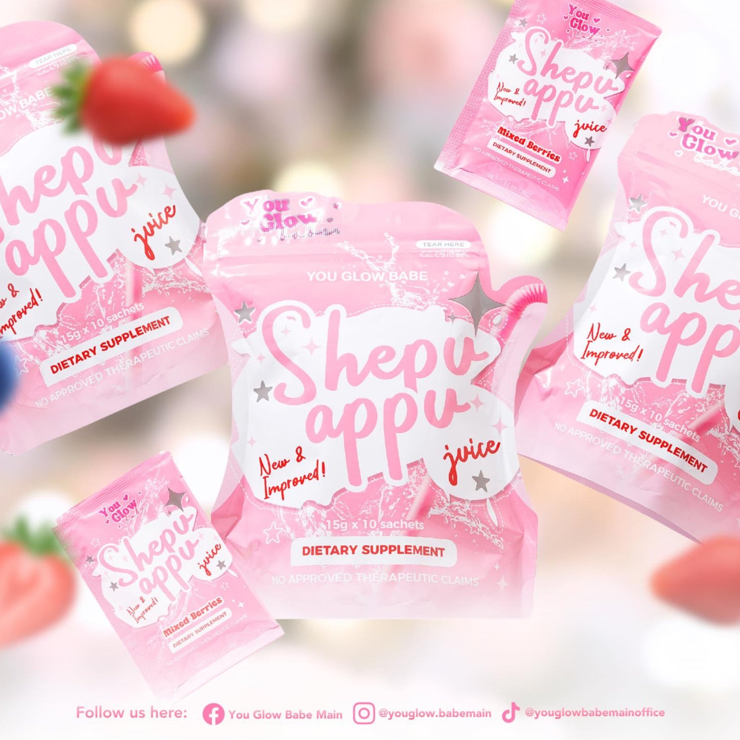 You Glow Babe Shepu Appu Juice sachet, natural herbal juice in a 15g x 10 pack, vibrant packaging with fresh herbal ingredients visible.