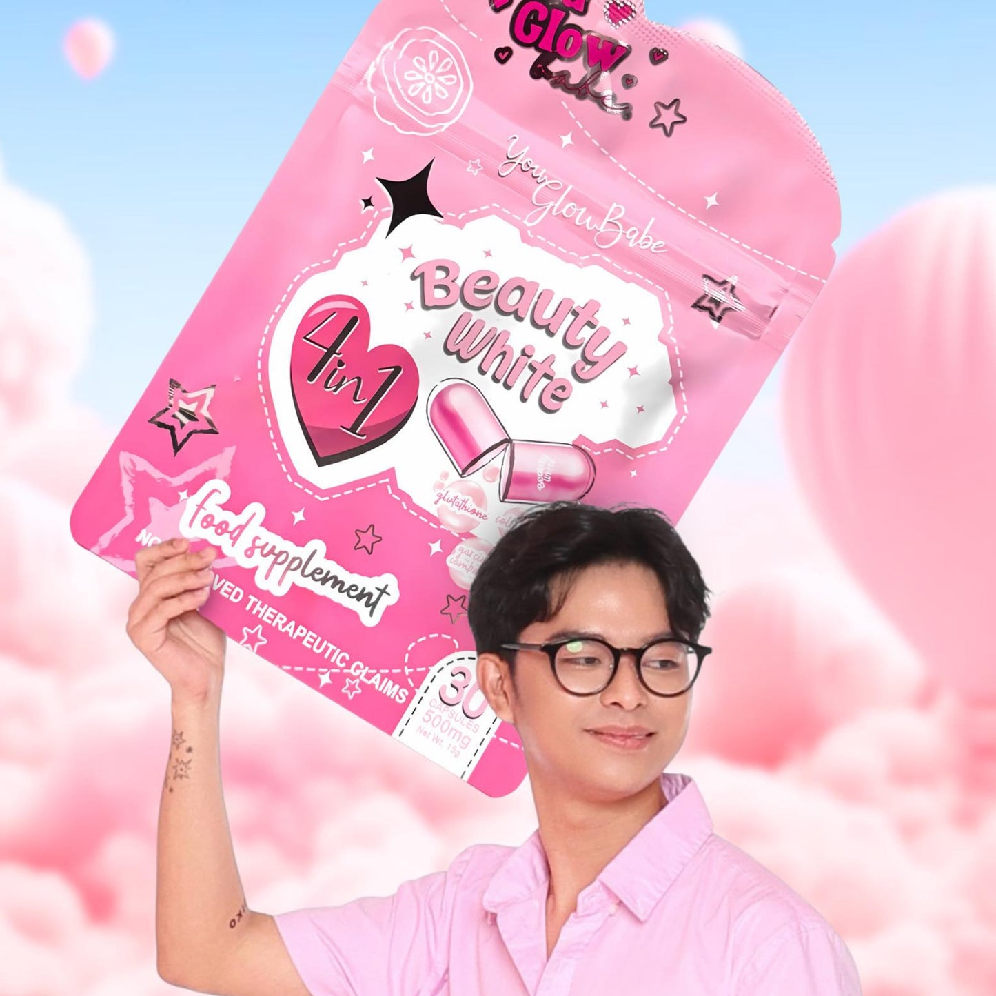 You Glow Babe Beauty White Advanced Whitening Vitamin C supplement capsules in a clear bottle against a white background.