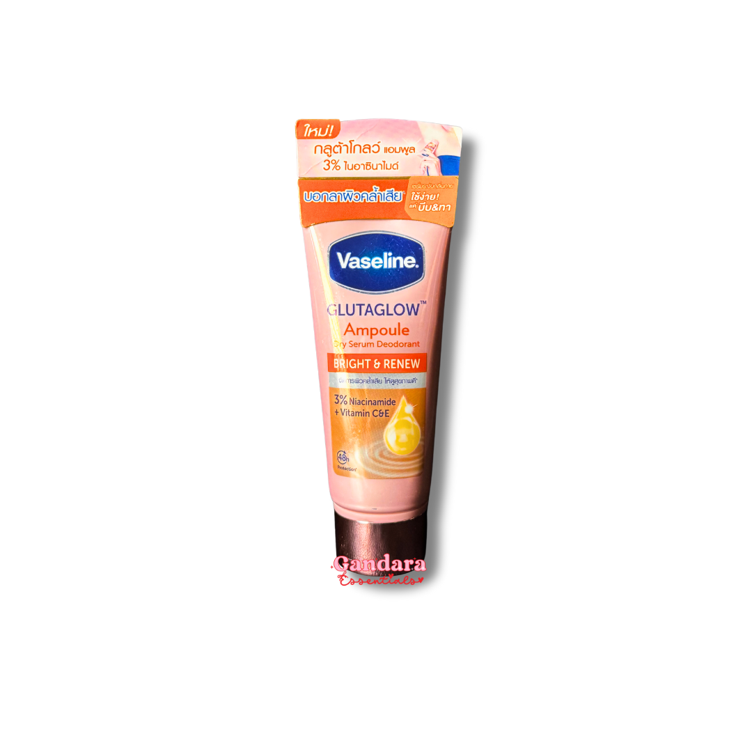 Vaseline Gluta Glow Ampoule Dry Serum Deodorant in a 45mL bottle, showcasing a lightweight texture and brightening properties.
