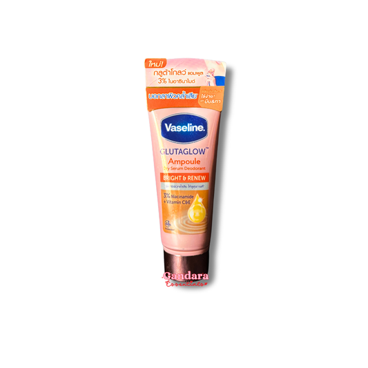 Vaseline Gluta Glow Ampoule Dry Serum Deodorant in a 45mL bottle, showcasing a lightweight texture and brightening properties.