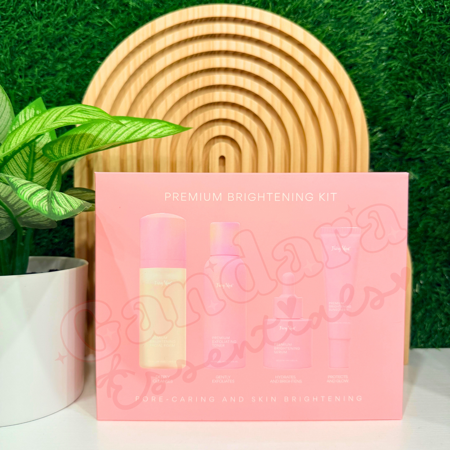 Fairy Skin Premium Brightening Kit, featuring various skincare products for a radiant complexion in elegant packaging.