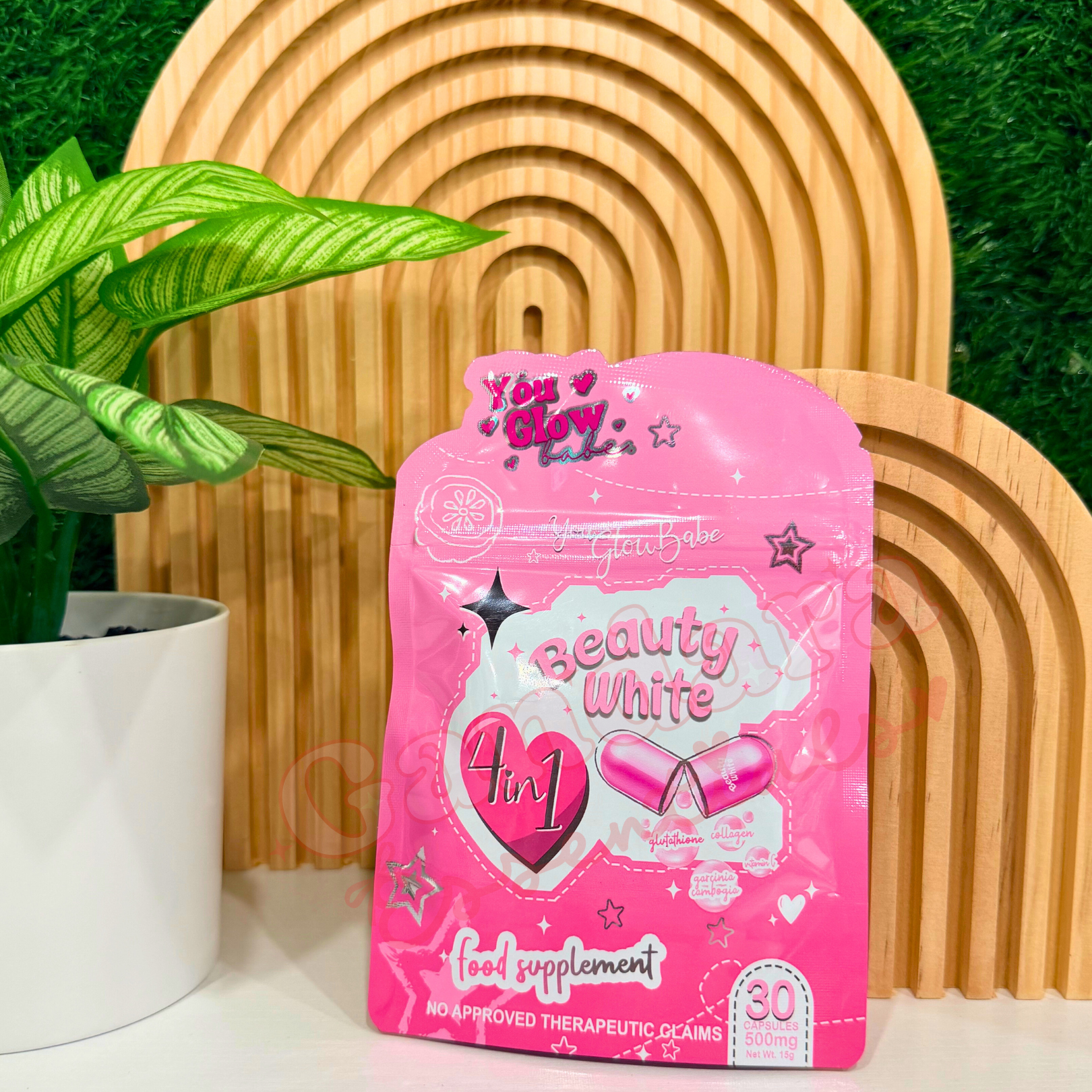 You Glow Babe Beauty White Advanced Whitening Vitamin C supplement capsules in a bottle on a white background.