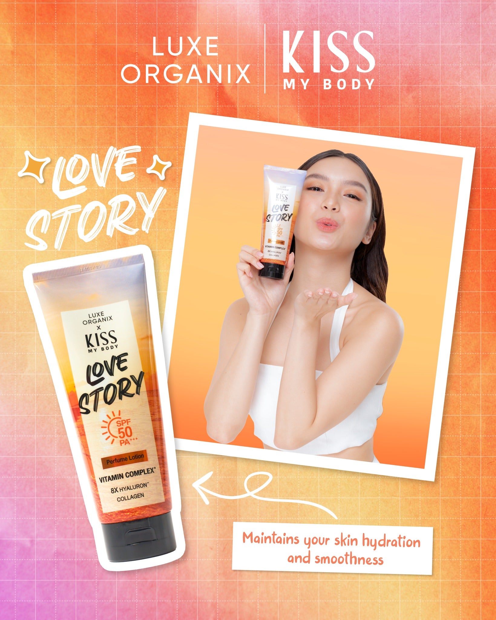Luxe Organix Kiss My Body Love Story Perfume Lotion SPF 50 in a 200g container with a floral design.