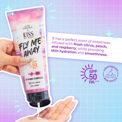 Luxe Organix Kiss My Body Fly Me Away Perfume Lotion SPF 50 in a 200g bottle, showcasing the vibrant packaging.