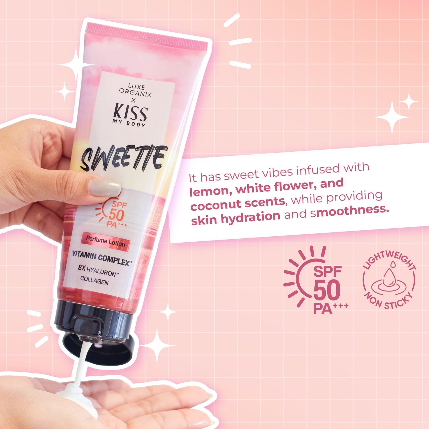 Luxe Organix Kiss My Body Sweetie Perfume Lotion SPF 50 in a 200g tube, showcasing the floral design and packaging.