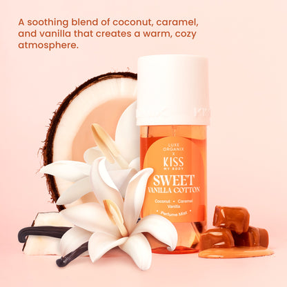 Luxe Organix Kiss my Body Sweet Vanilla Cotton Perfume Mist in a clear bottle with a pink label, 88mL size.
