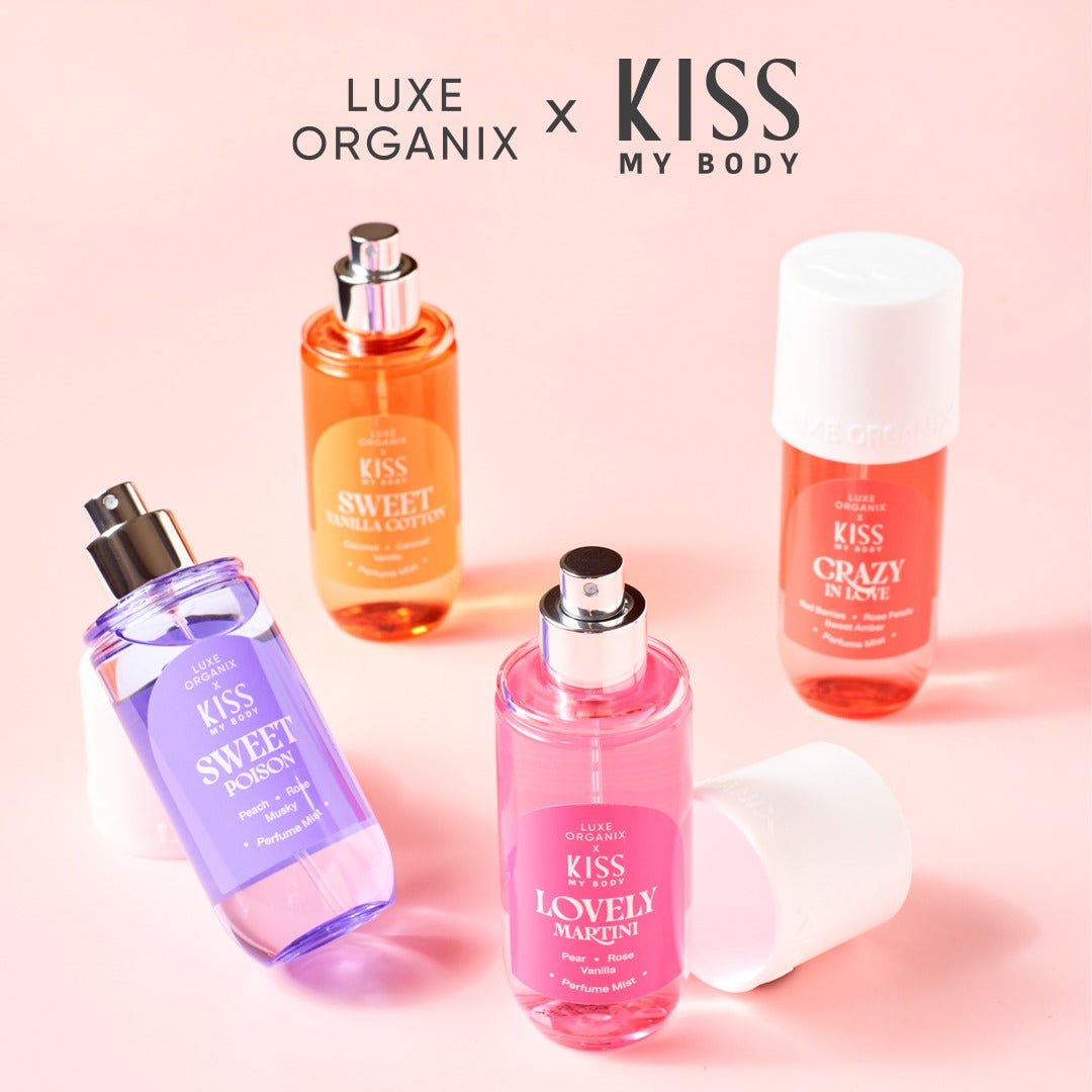 Luxe Organix Kiss My Body Sweet Poison perfume mist in 88mL bottle, elegant fragrance spray with floral and fruity notes