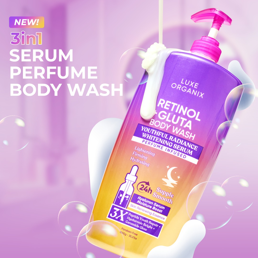 Luxe Organix Retinol + Gluta body wash in purple bottle, promoting youthful radiance and skin whitening, 1000g size.