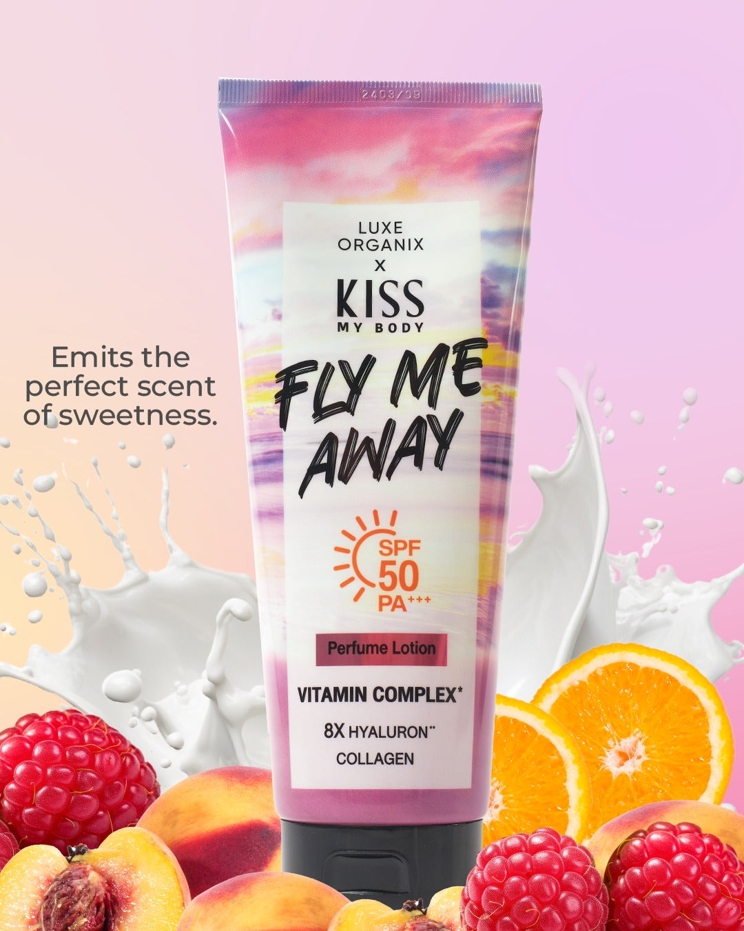 Luxe Organix Kiss My Body Fly Me Away Perfume Lotion SPF 50 in a 200g tube with tropical floral design.