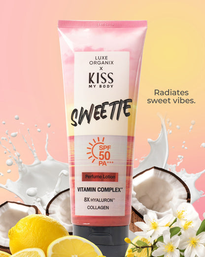 Luxe Organix Kiss my Body Sweetie Perfume Lotion SPF 50 in a 200g tube with a floral design and sun protection label.
