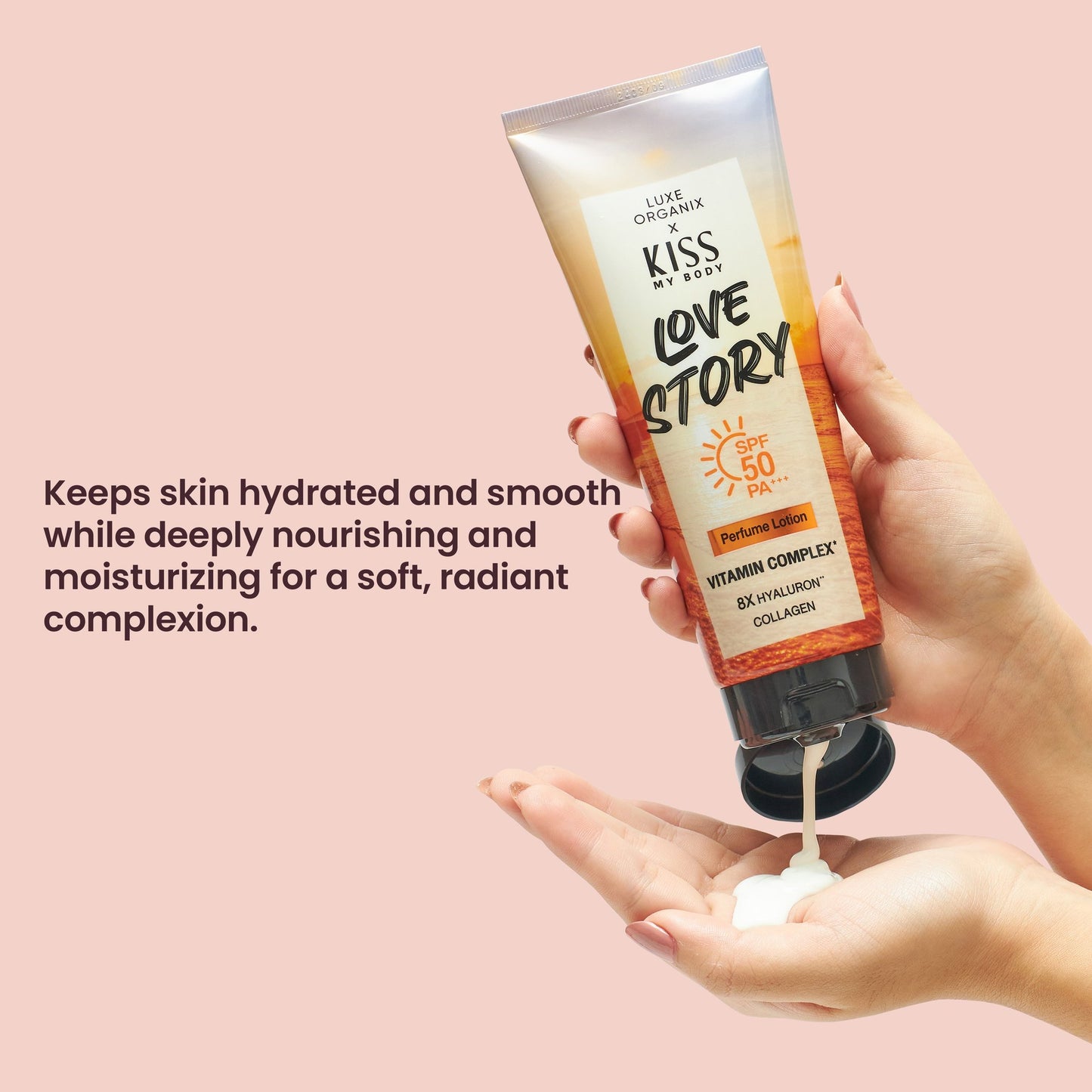 Luxe Organix Kiss my Body Love Story Perfume Lotion SPF 50 PA+++ in a 200g tube, featuring a floral design and elegant packaging.