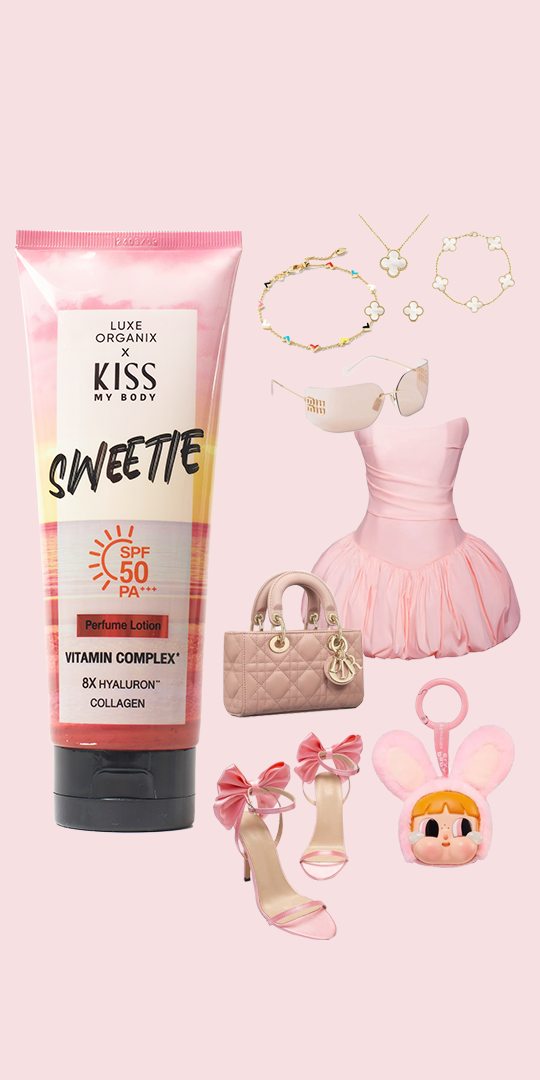 Luxe Organix Kiss my Body Sweetie Perfume Lotion SPF 50 in a 200g tube, showcasing its creamy texture and vibrant packaging.