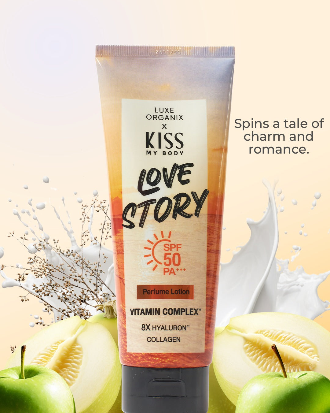 Luxe Organix Kiss my Body Love Story Perfume Lotion SPF 50 in a 200g bottle with a floral design and elegant packaging.