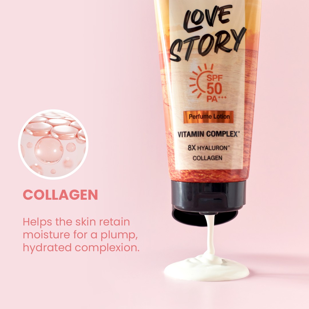 Luxe Organix Kiss My Body Love Story Perfume Lotion SPF 50 in a 200g bottle with a floral design.