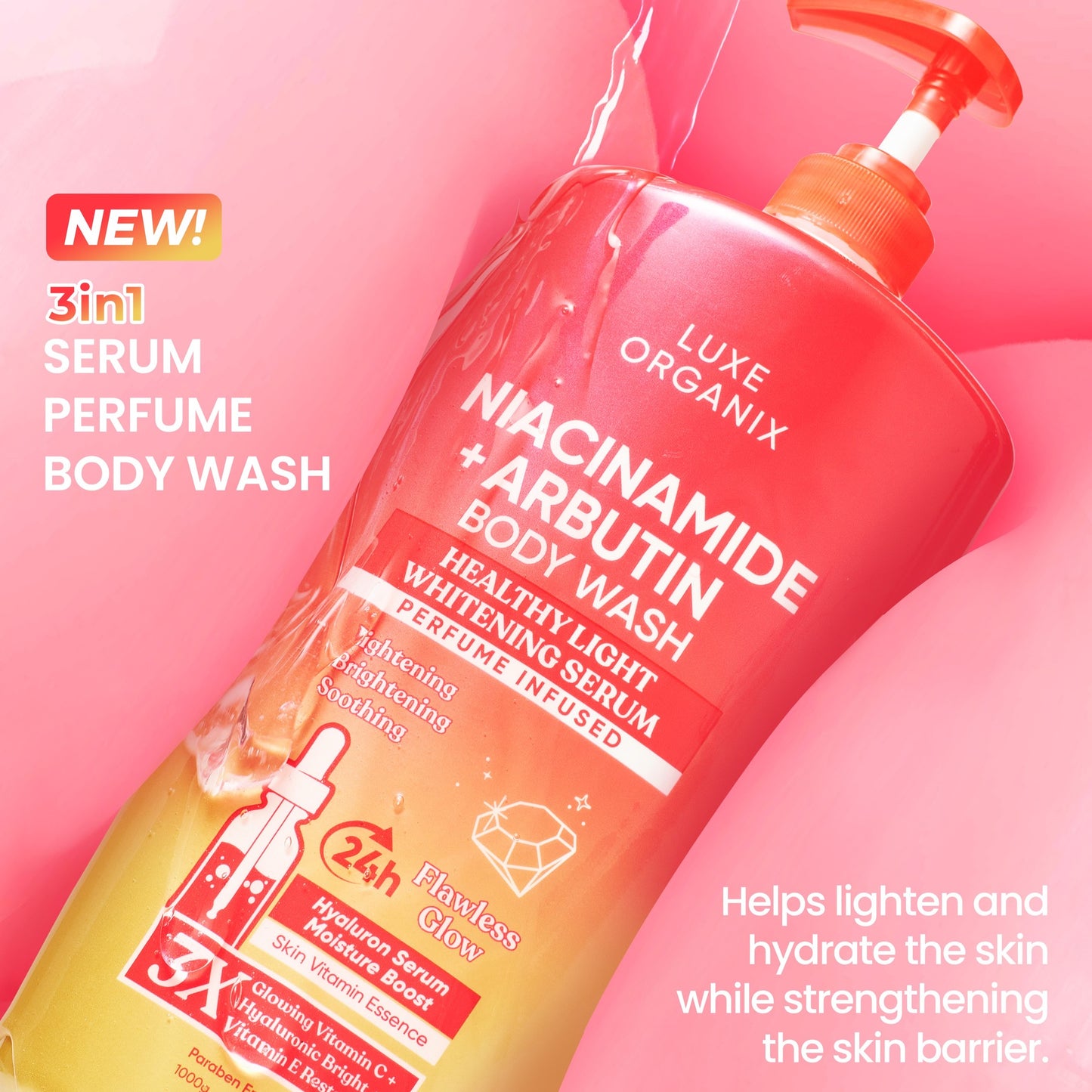 Luxe Organix Niacinamide + Arbutin body wash in pink bottle, showcasing healthy light whitening formula, 1000g size.