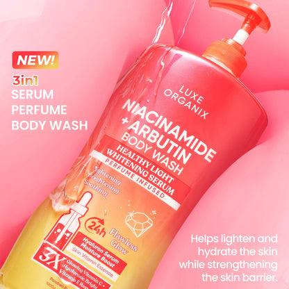 Luxe Organix Niacinamide + Arbutin body wash in pink bottle, showcasing healthy light whitening formula, 1000g size.
