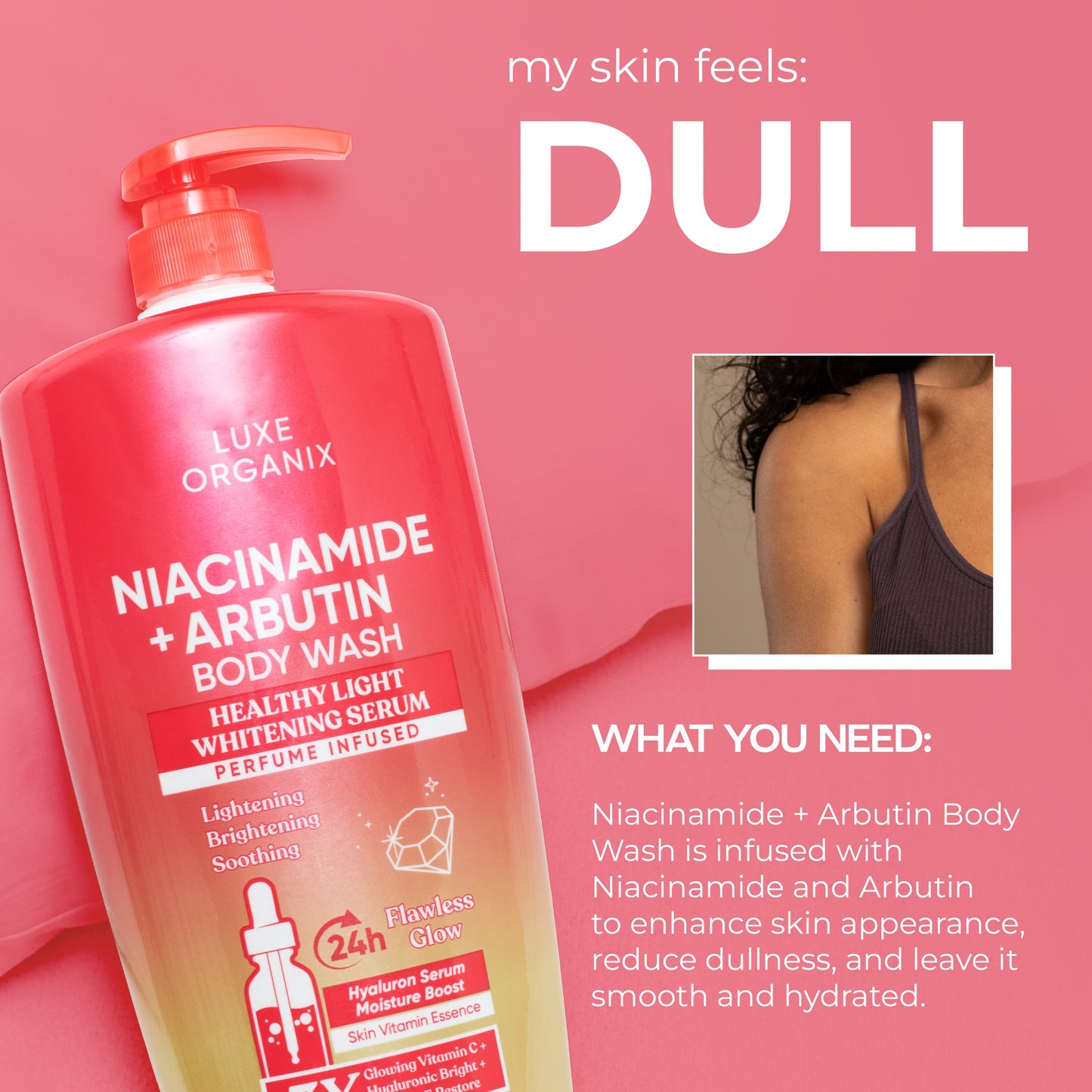 Luxe Organix Niacinamide + Arbutin body wash in pink packaging, 1000g, showcasing a rich, creamy texture.