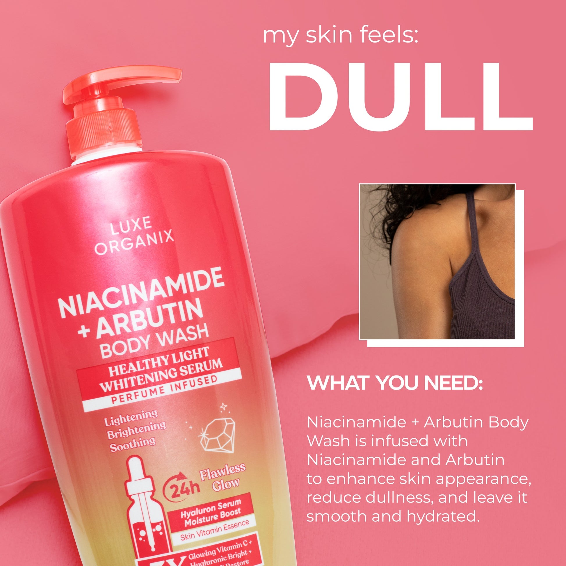 Luxe Organix Niacinamide + Arbutin body wash in pink packaging, 1000g, showcasing a rich, creamy texture.