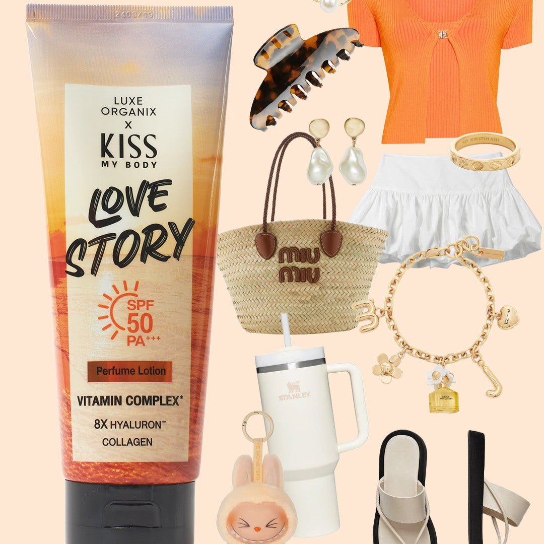 Luxe Organix Kiss My Body Love Story Perfume Lotion SPF 50 in a 200g container with floral design and pump dispenser.