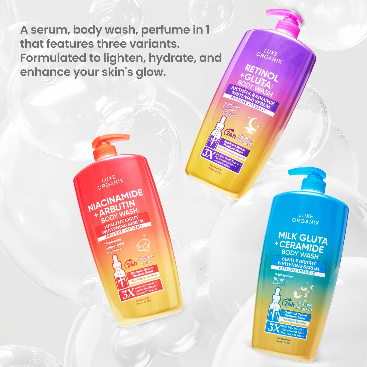 Luxe Organix Niacinamide + Arbutin body wash in pink packaging, 1000g, promoting a healthy, light whitening effect.