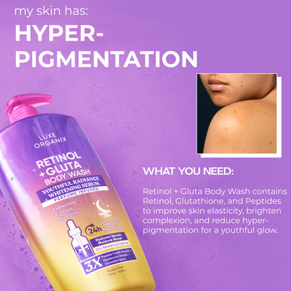 Luxe Organix Retinol + Gluta body wash in purple bottle, 1000g, showcasing youthful radiance and whitening benefits.