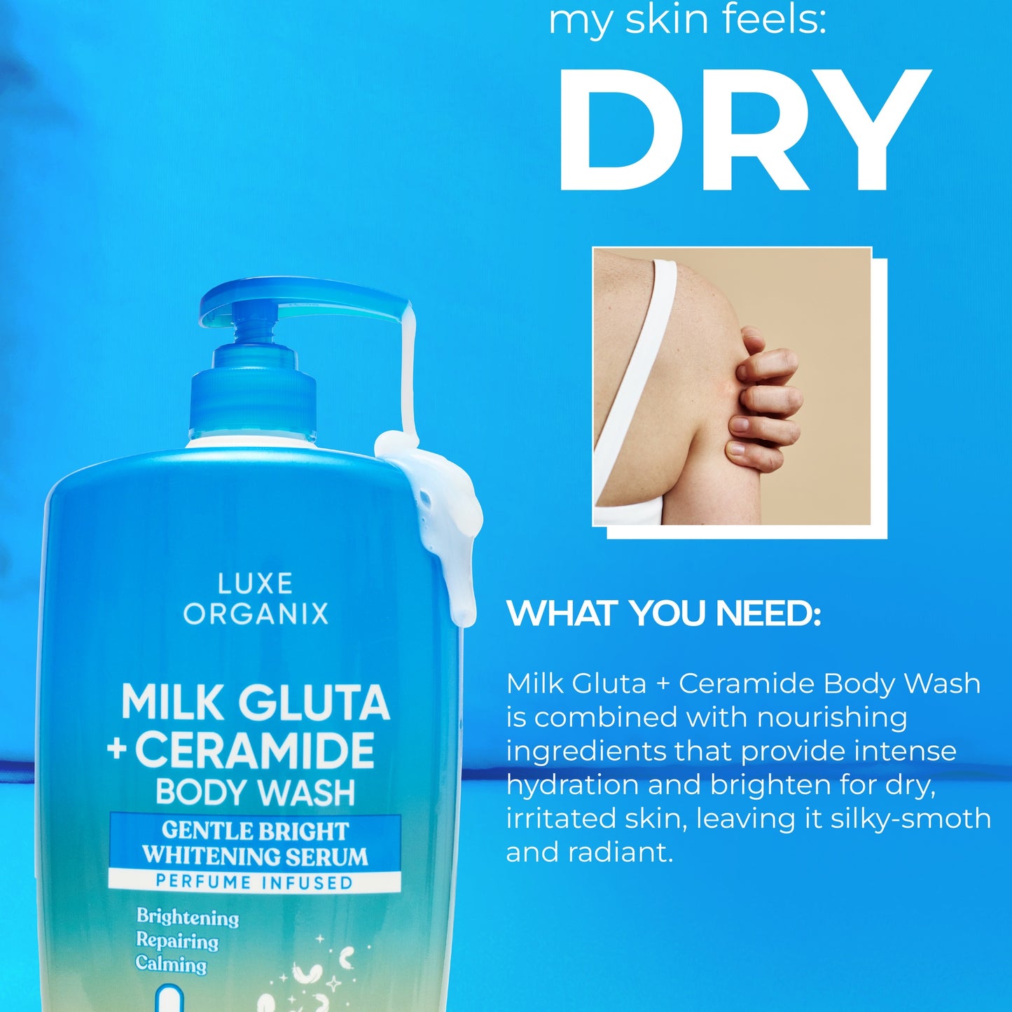 Luxe Organix Milk Gluta + Ceramide Body Wash in blue bottle, 1000g, showcasing its creamy texture and brightening ingredients.
