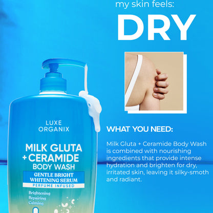 Luxe Organix Milk Gluta + Ceramide Body Wash in blue bottle, 1000g, showcasing its creamy texture and brightening ingredients.