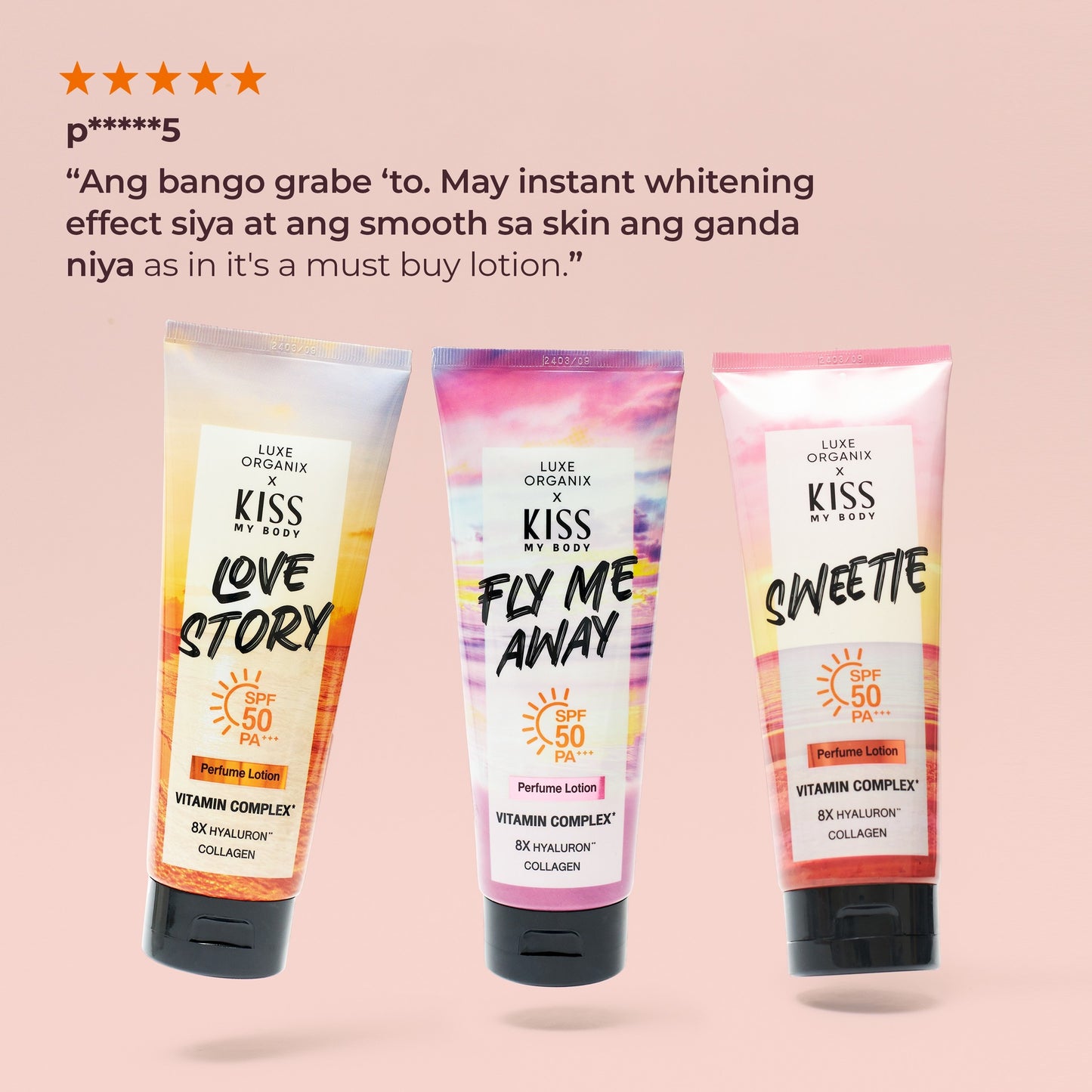 Luxe Organix Kiss My Body Love Story Perfume Lotion SPF 50 in a 200g tube with floral design and sunscreen protection.