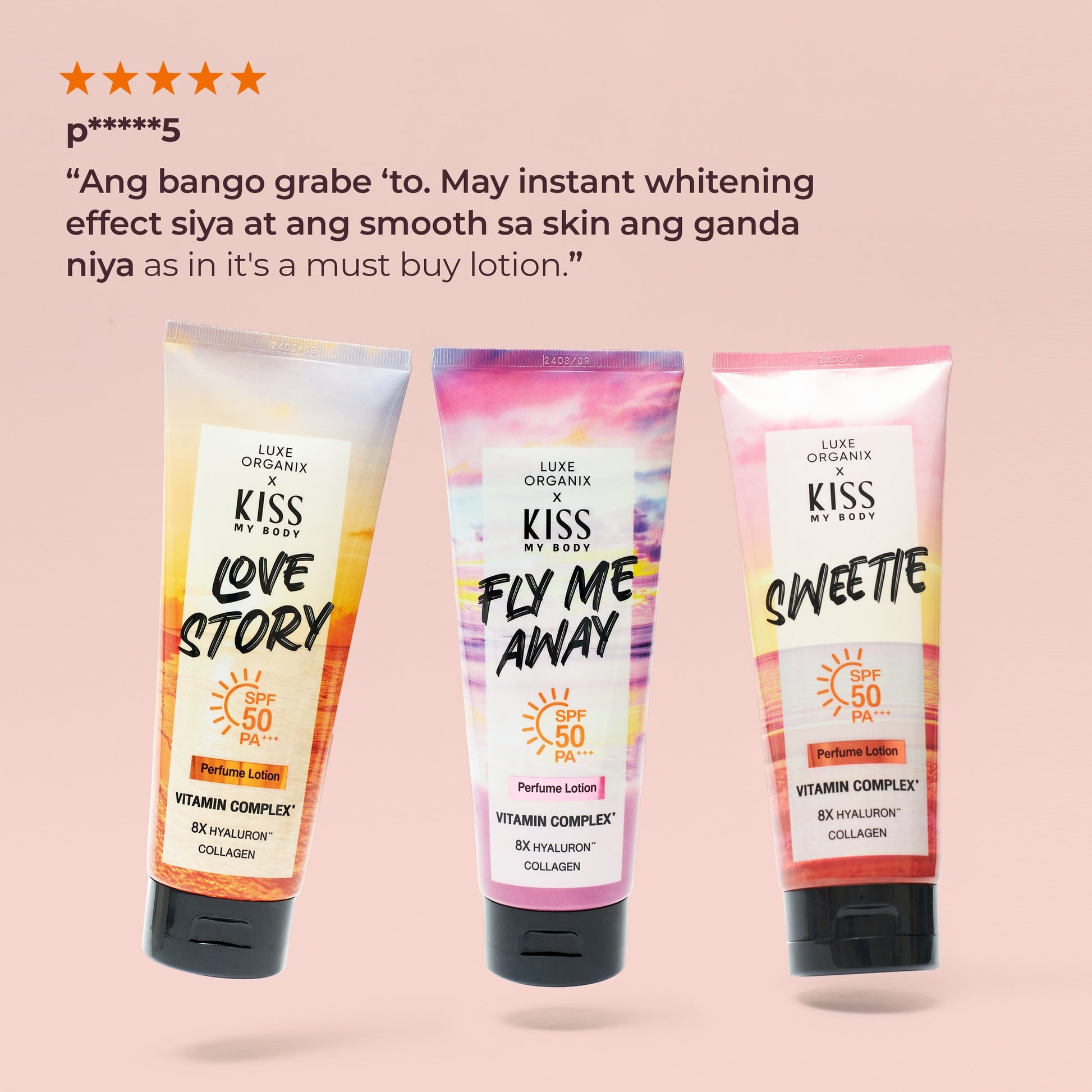 Luxe Organix Kiss My Body Love Story Perfume Lotion SPF 50 in a 200g tube with floral design and sunscreen protection.