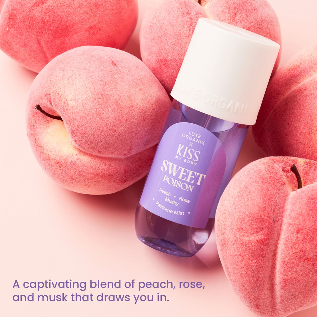 Luxe Organix Kiss my Body Sweet Poison Perfume Mist bottle with a floral design, 88mL size, against a soft background.