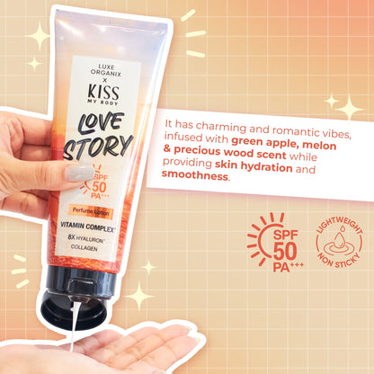 Luxe Organix Kiss My Body Love Story Perfume Lotion SPF 50 in a 200g container with a floral design and pump dispenser.