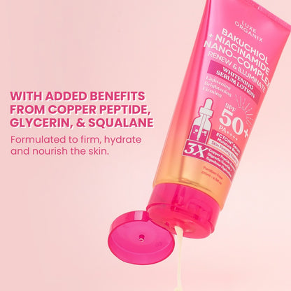 Luxe Organix Bakuchiol Niacinamide Serum Lotion SPF 50 in a 200mL bottle with a pump dispenser on a white background.