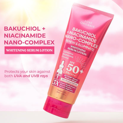 Luxe Organix Bakuchiol + Niacinamide Serum Lotion SPF 50 in a 200mL bottle, showcasing a lightweight, creamy texture.