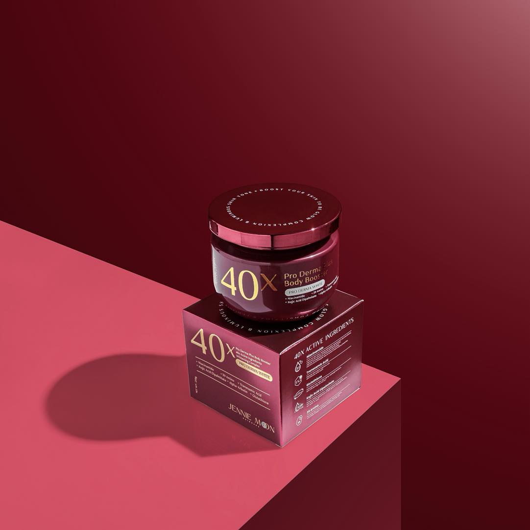 Jennie Moon 40X Pro Derma Plus Body Booster in a 250g container, showcasing the sleek design and label details.