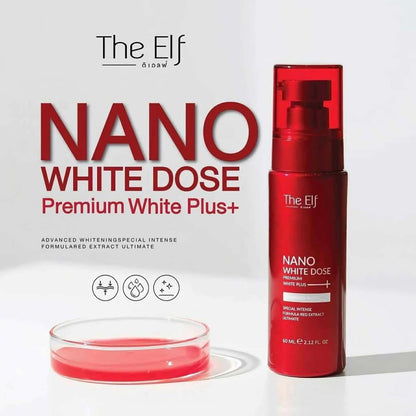The Elf Nano White Dose Advanced Whitening Serum bottle, 60mL, showcasing its sleek design and label details.