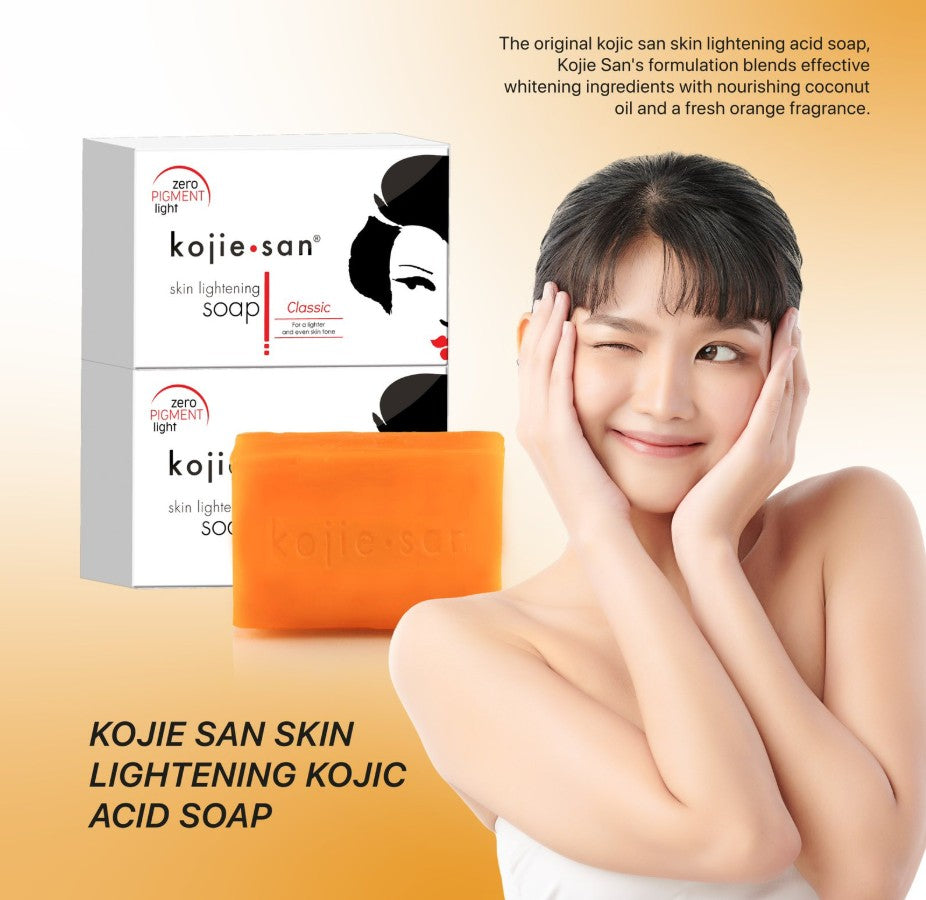 Kojie San skin lightening soap bars in a 100g pack, showcasing the textured surface and packaging design.