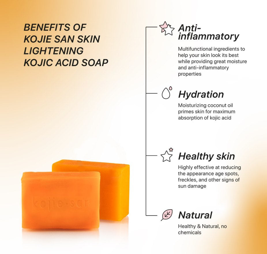 Kojie San skin lightening soap bars, three 100g pieces, displayed on a white background with soft lighting.