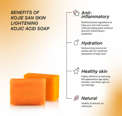 Kojie San skin lightening soap bars, three 100g pieces, displayed on a white background with soft lighting.
