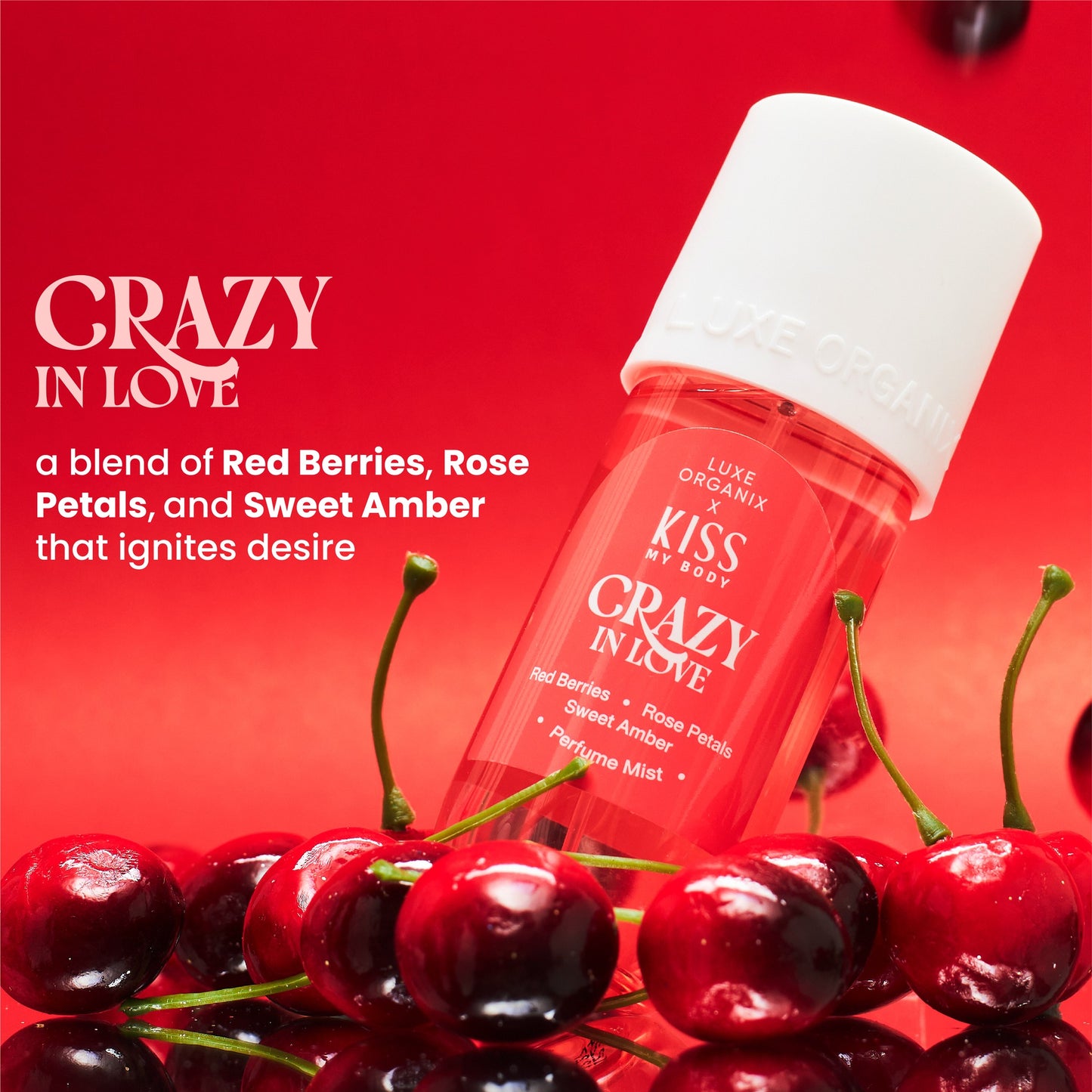 Luxe Organix Kiss my Body Crazy in Love Perfume Mist 88mL bottle with floral design and spray nozzle.