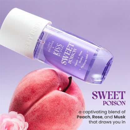 Luxe Organix Kiss my Body Sweet Poison Perfume Mist 88mL bottle with elegant design and floral accents.